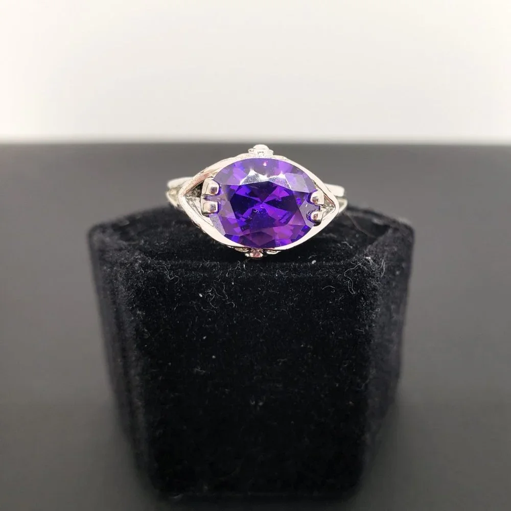 Simulated Amethyst & Rhinestone Silver Tone Ring Size 6 - Picture 6 of 10